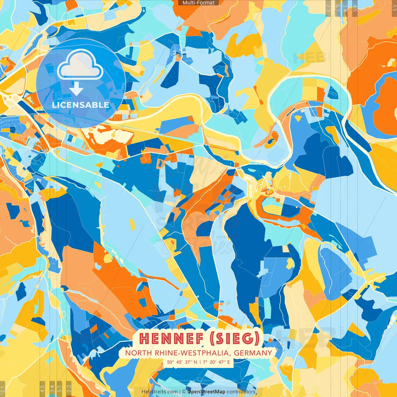 Hennef (Sieg), North Rhine-Westphalia, Germany blue and orange vector art map template