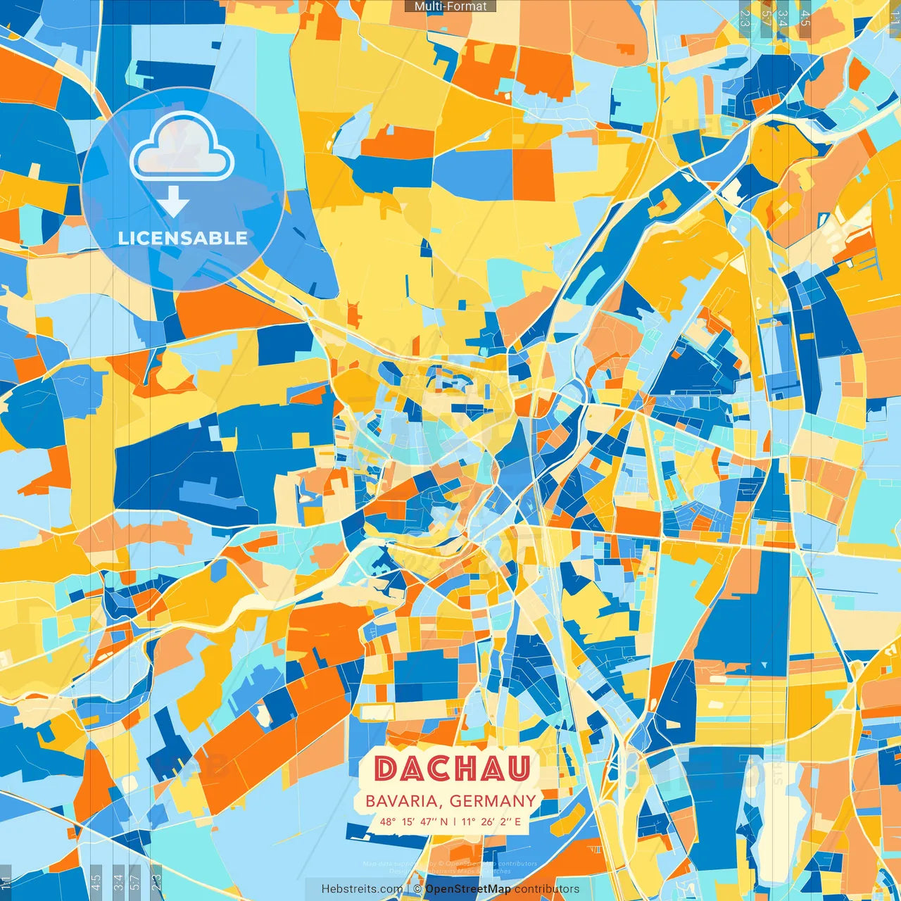 Dachau, Bavaria, Germany blue and orange vector art map template