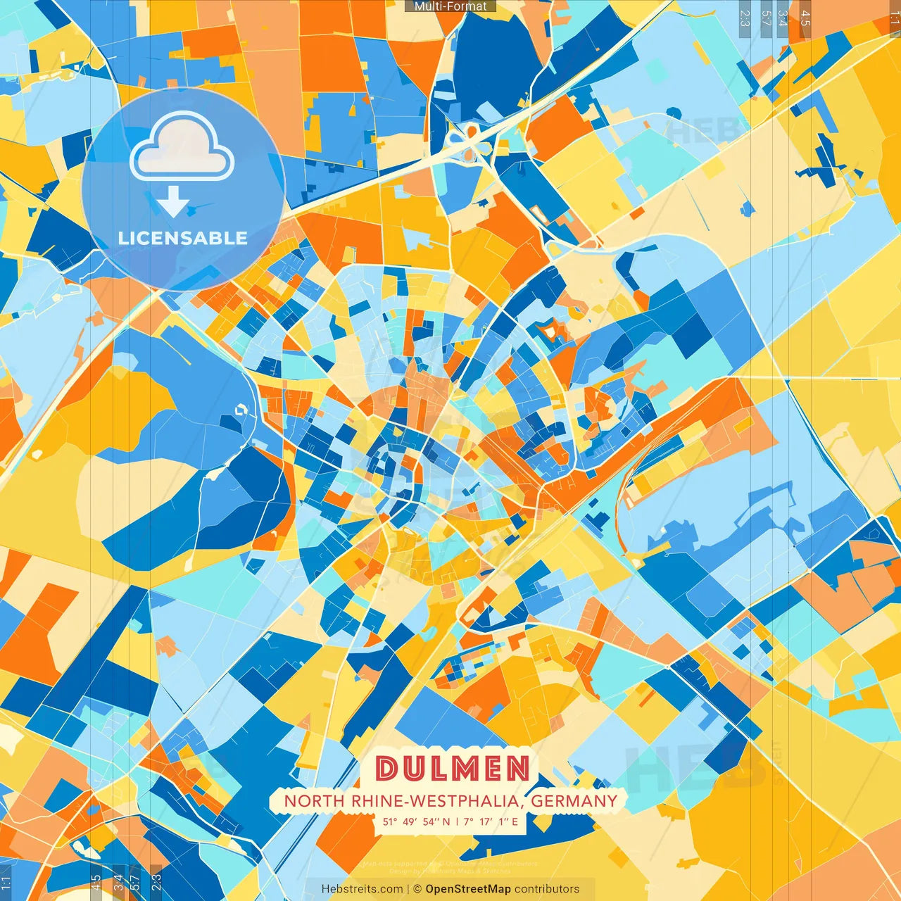 Dulmen, North Rhine-Westphalia, Germany blue and orange vector art map template