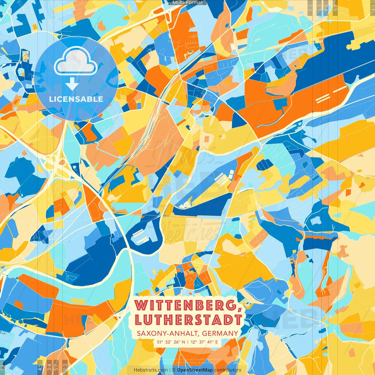 Wittenberg, Lutherstadt, Saxony-Anhalt, Germany blue and orange vector art map template