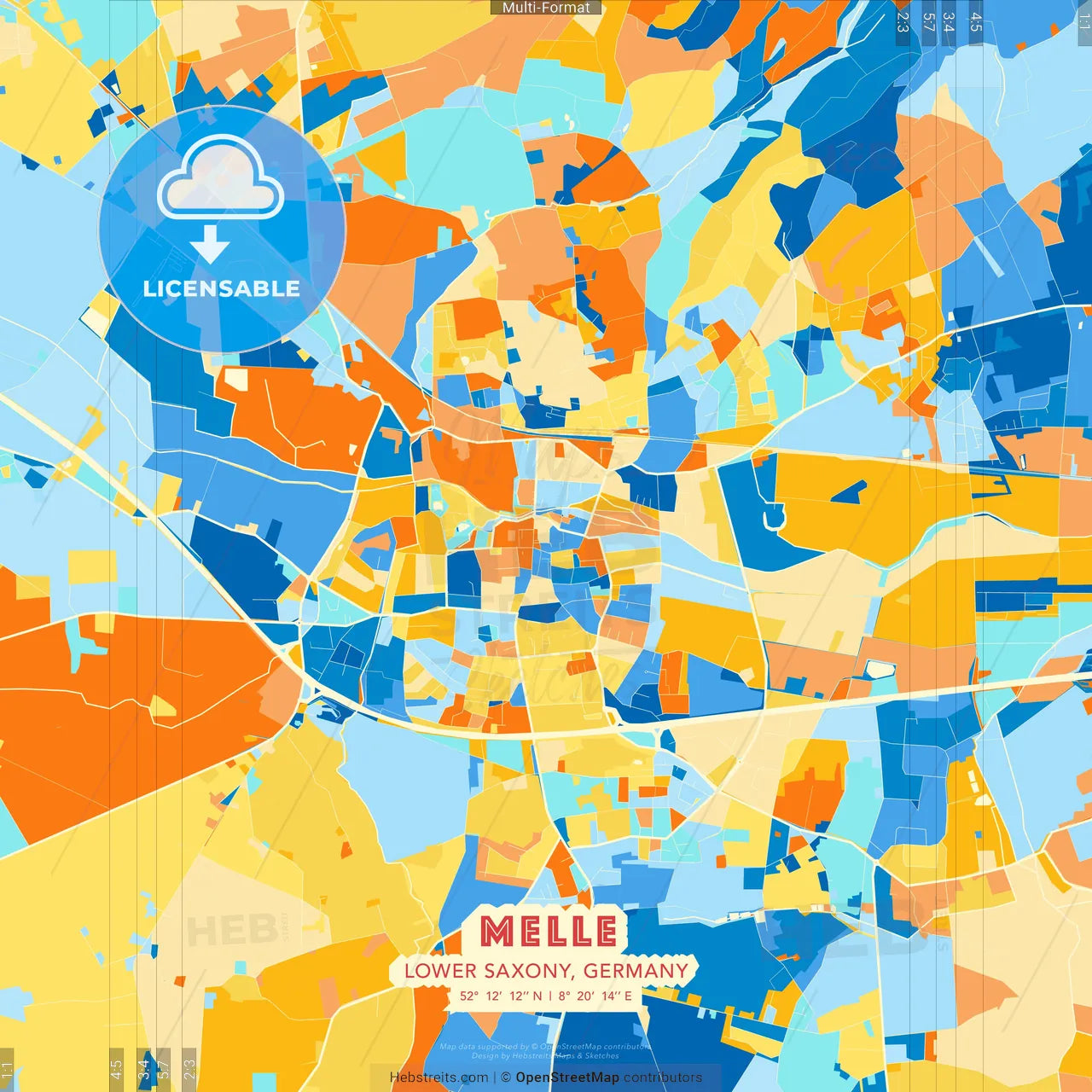 Melle, Lower Saxony, Germany blue and orange vector art map template