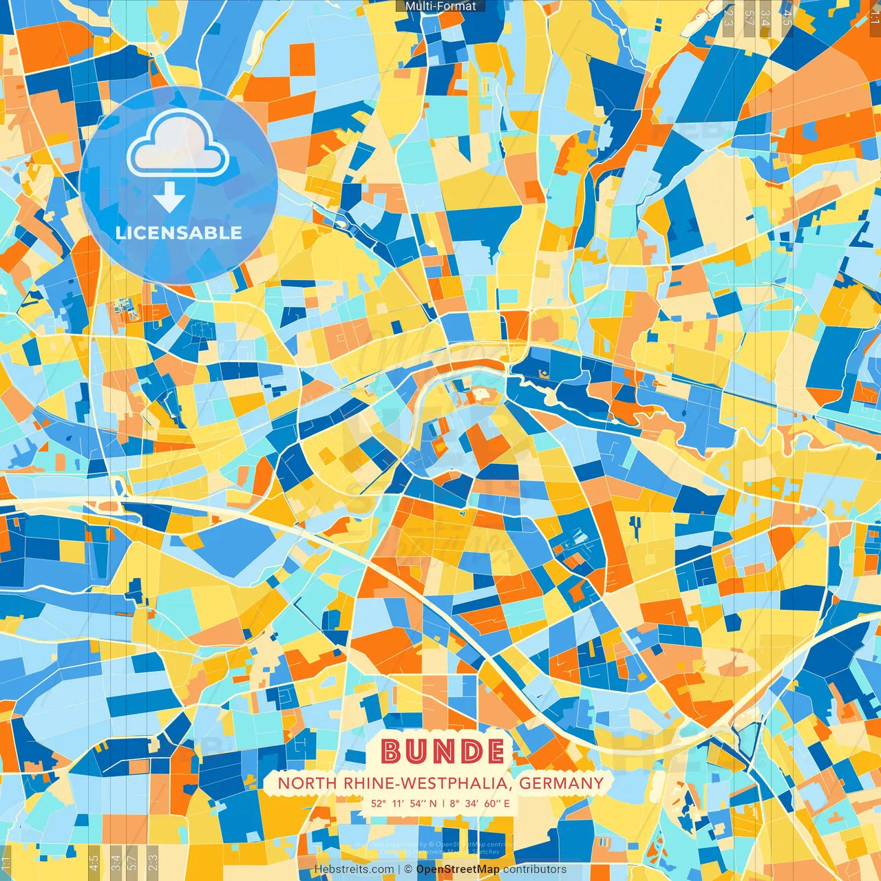 Bunde, North Rhine-Westphalia, Germany blue and orange vector art map template