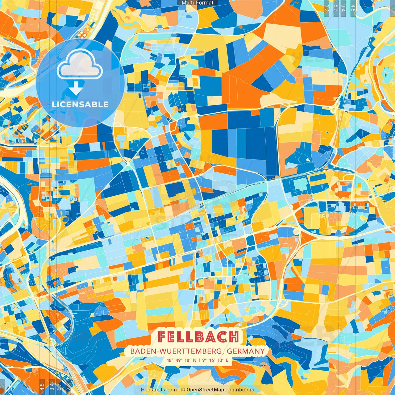 Fellbach, Baden-Wuerttemberg, Germany blue and orange vector art map template