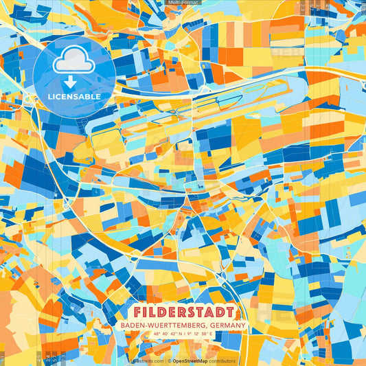 Filderstadt, Baden-Wuerttemberg, Germany blue and orange vector art map template