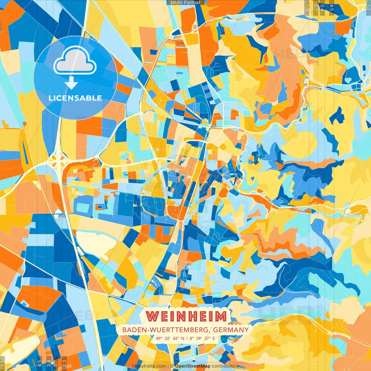 Weinheim, Baden-Wuerttemberg, Germany blue and orange vector art map template