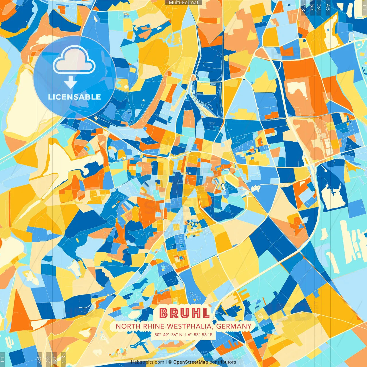 Bruhl, North Rhine-Westphalia, Germany blue and orange vector art map template