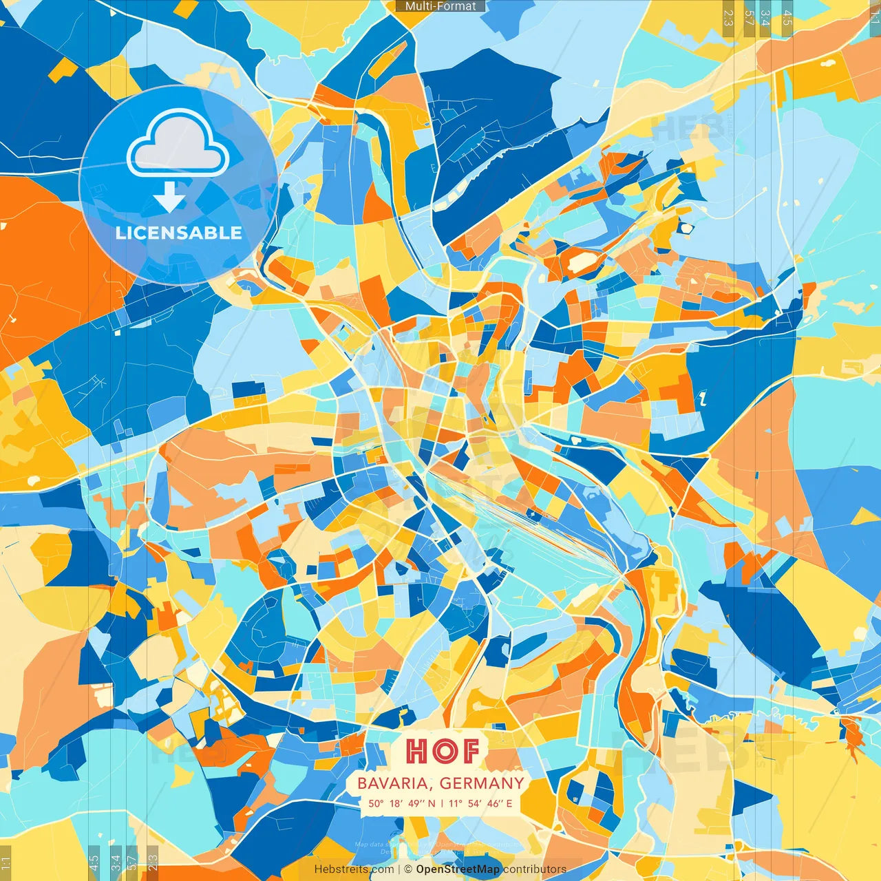 Hof, Bavaria, Germany blue and orange vector art map template