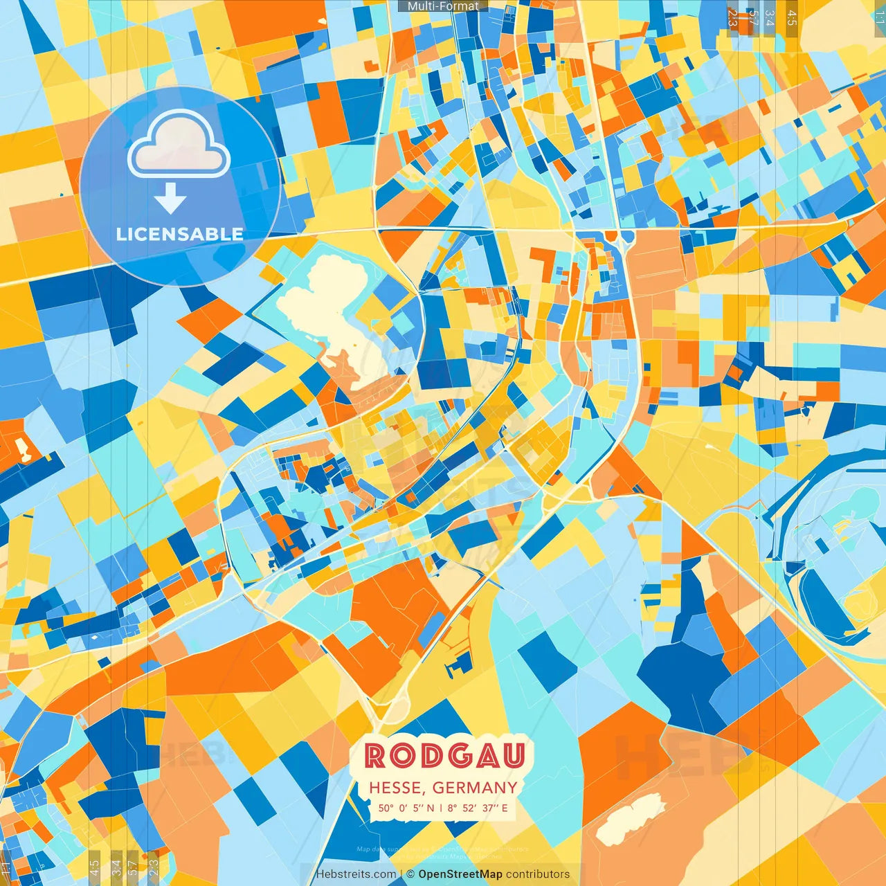 Rodgau, Hesse, Germany blue and orange vector art map template