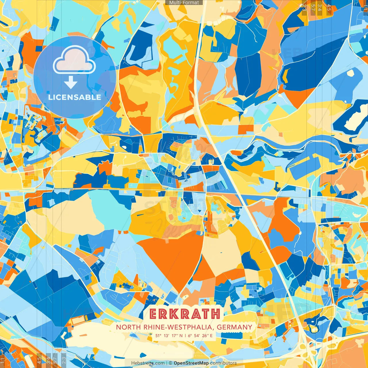 Erkrath, North Rhine-Westphalia, Germany blue and orange vector art map template