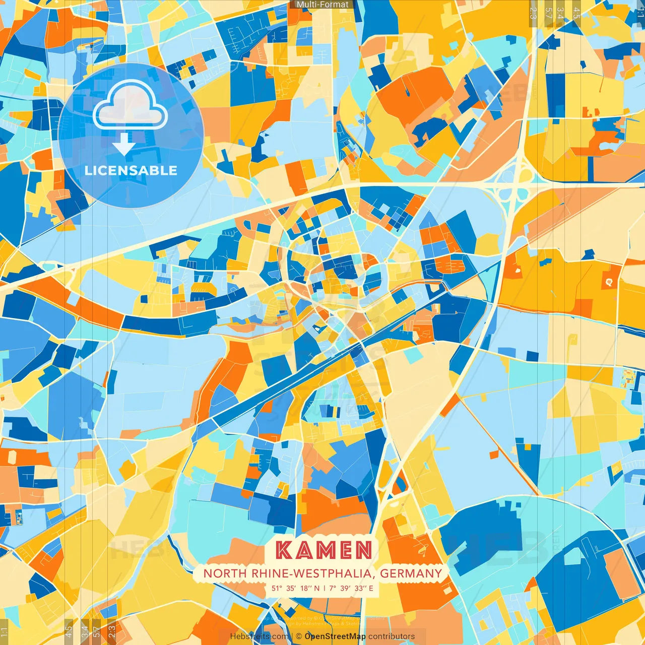Kamen, North Rhine-Westphalia, Germany blue and orange vector art map template