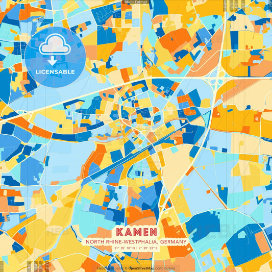 Kamen, North Rhine-Westphalia, Germany blue and orange vector art map template