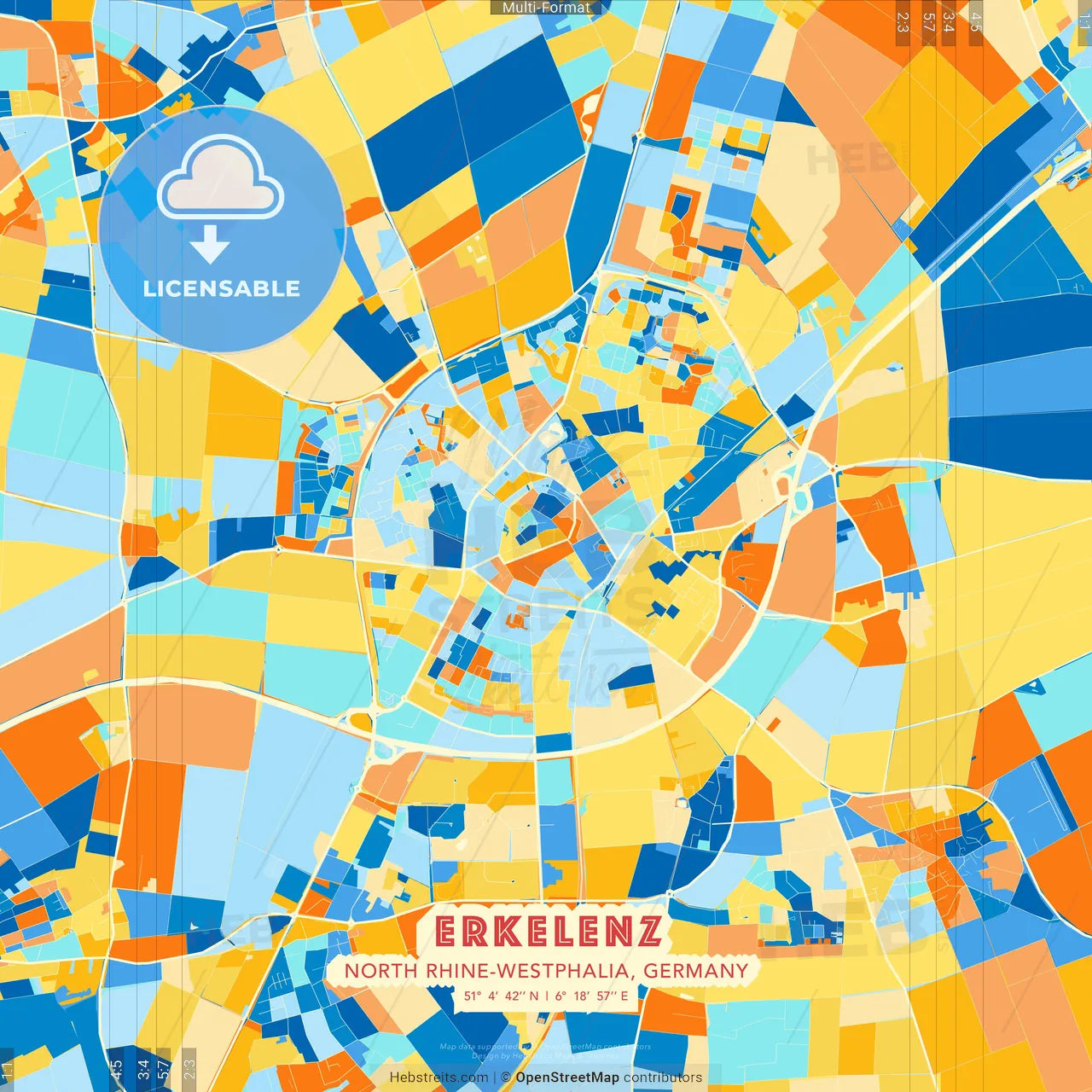 Erkelenz, North Rhine-Westphalia, Germany blue and orange vector art map template