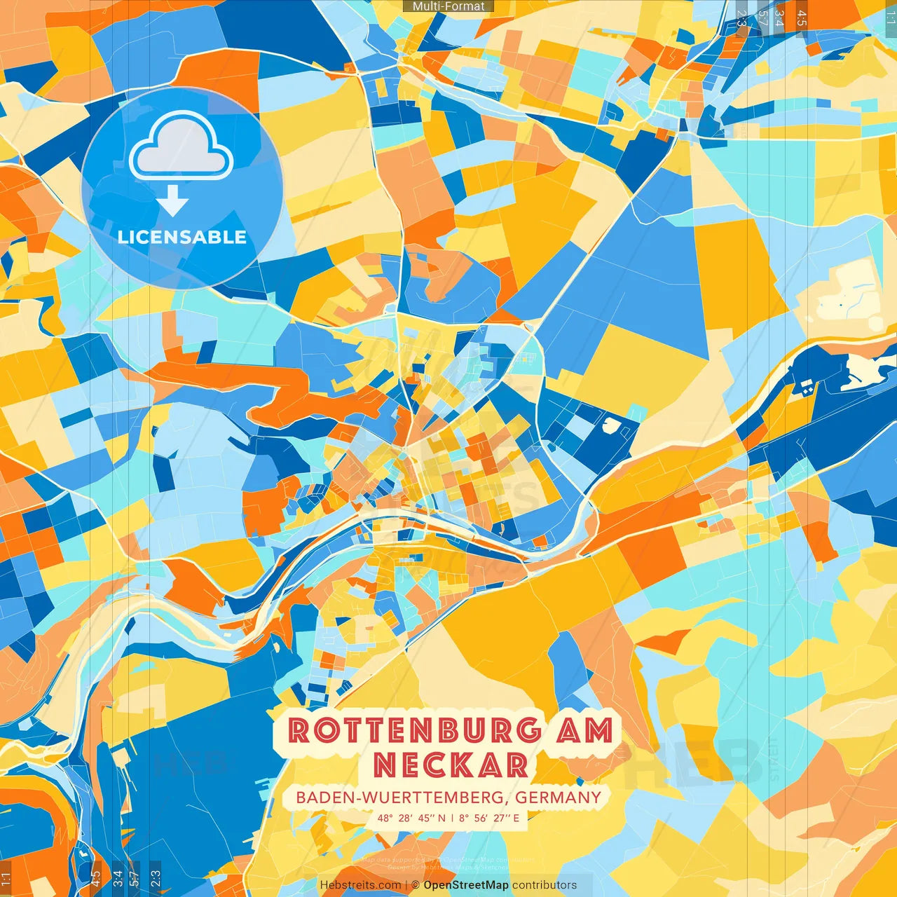 Rottenburg am Neckar, Baden-Wuerttemberg, Germany blue and orange vector art map template