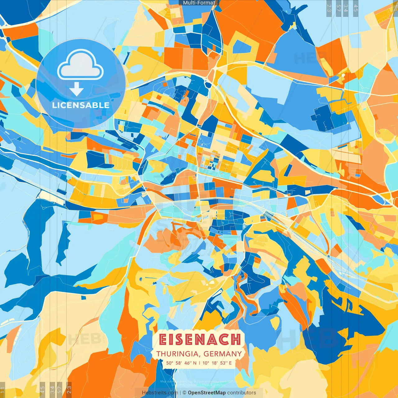 Eisenach, Thuringia, Germany blue and orange vector art map template