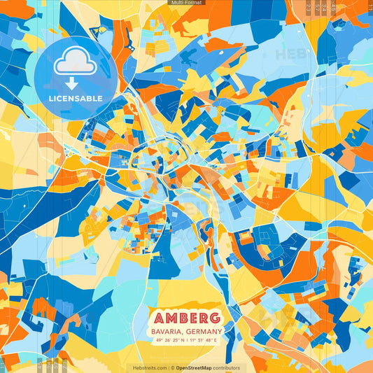 Amberg, Bavaria, Germany blue and orange vector art map template