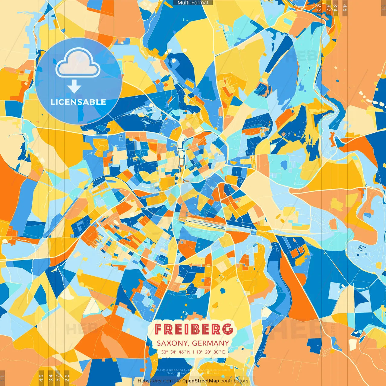 Freiberg, Saxony, Germany blue and orange vector art map template