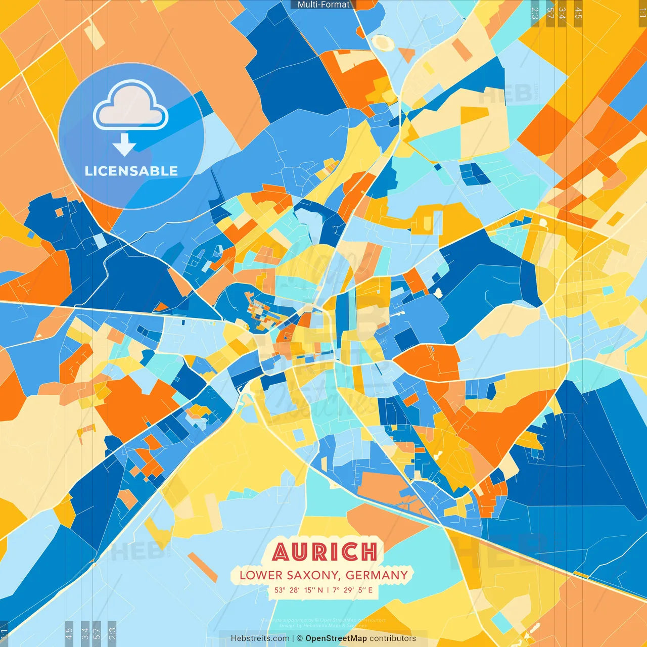 Aurich, Lower Saxony, Germany blue and orange vector art map template