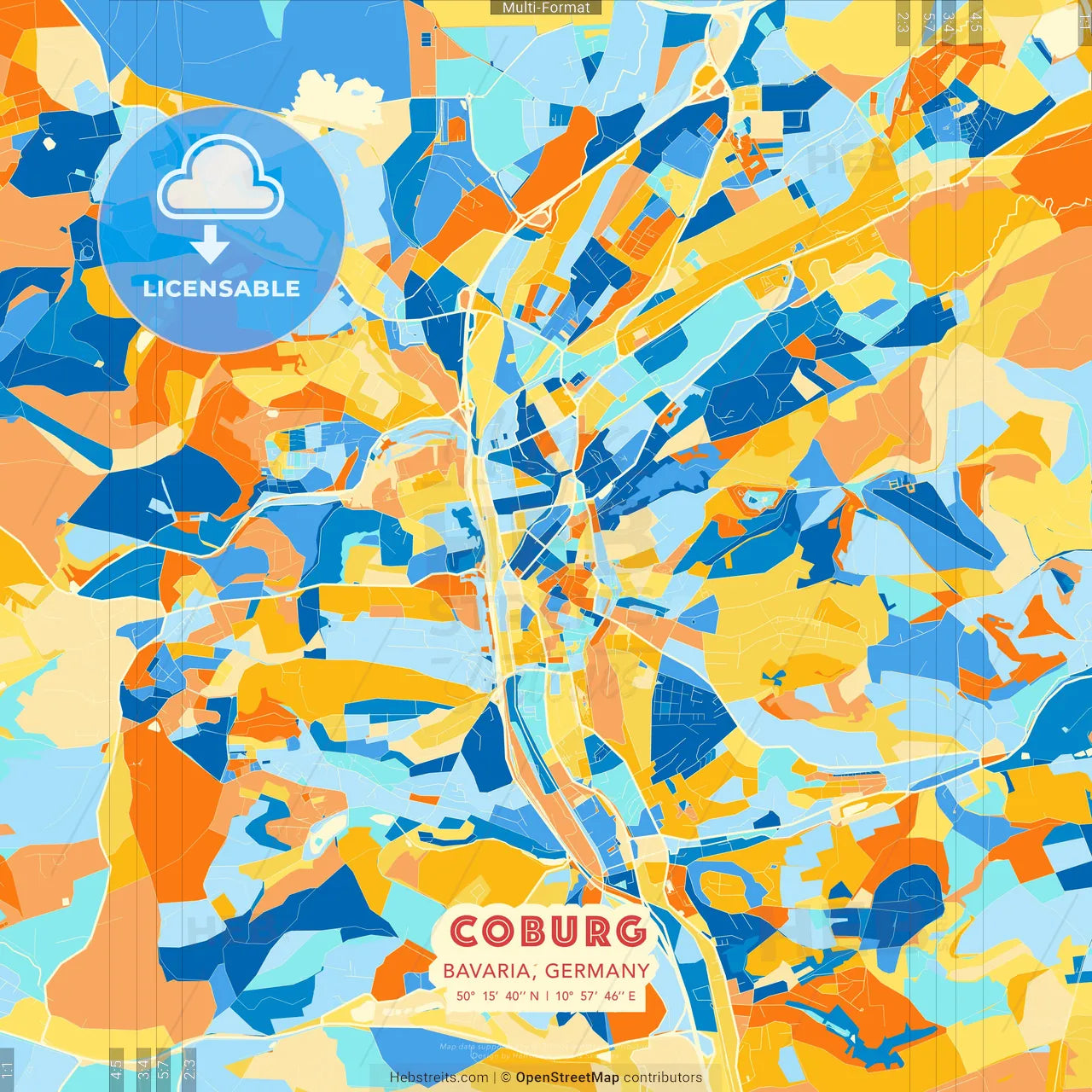 Coburg, Bavaria, Germany blue and orange vector art map template