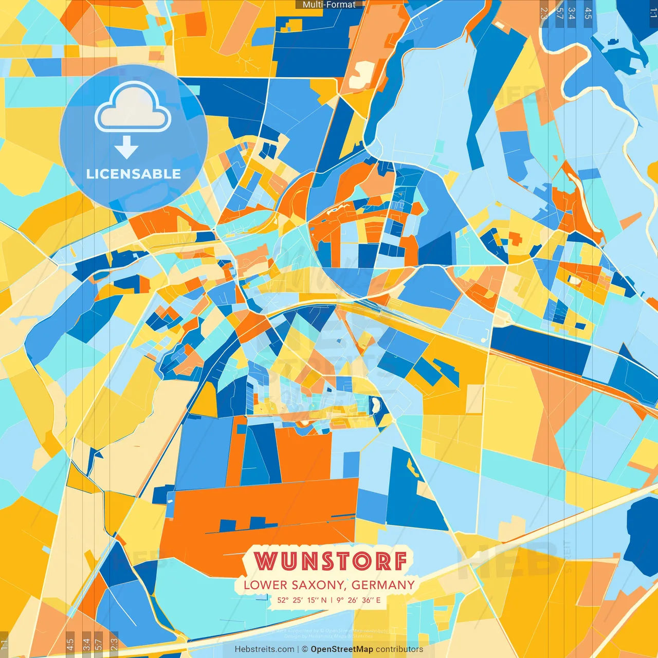 Wunstorf, Lower Saxony, Germany blue and orange vector art map template