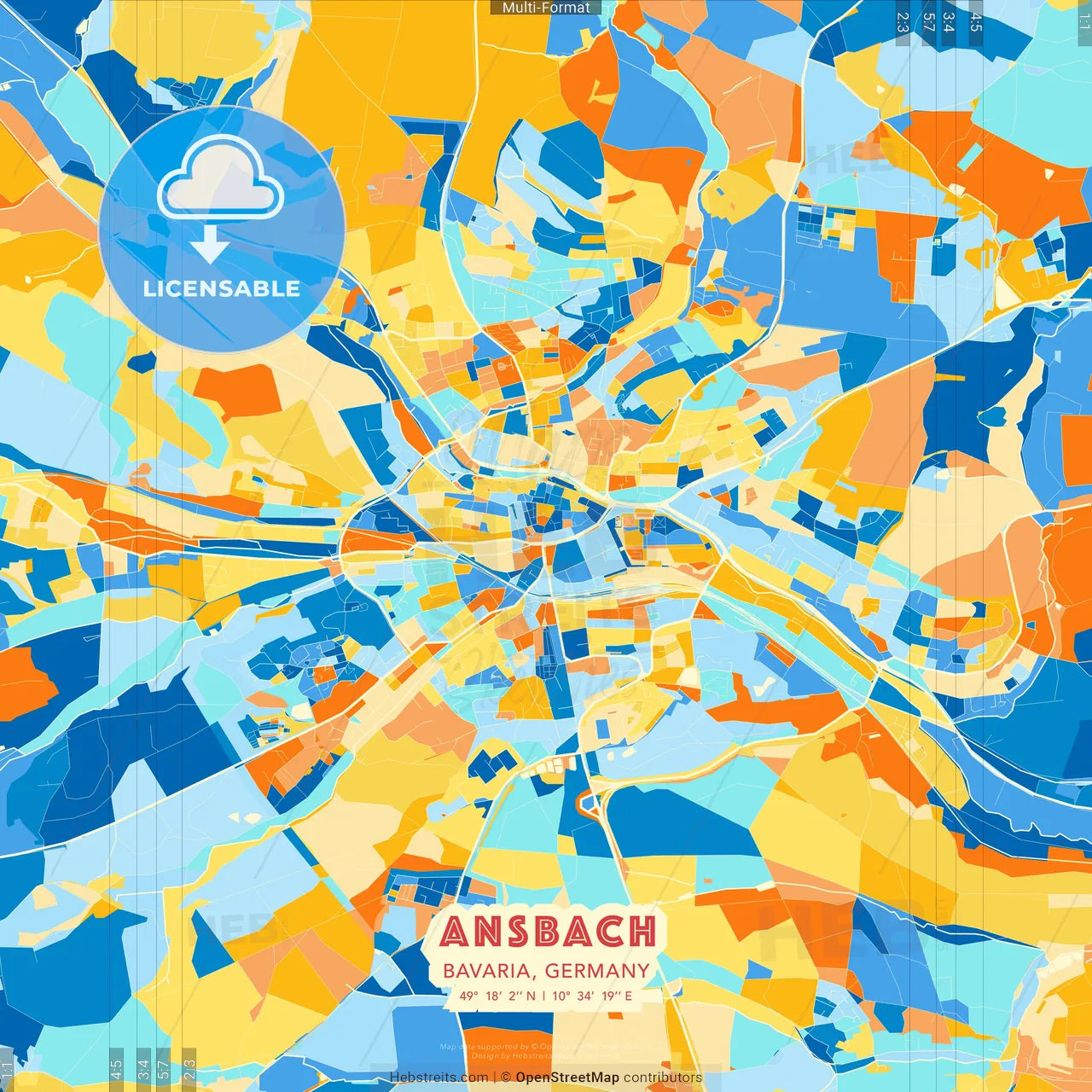 Ansbach, Bavaria, Germany blue and orange vector art map template