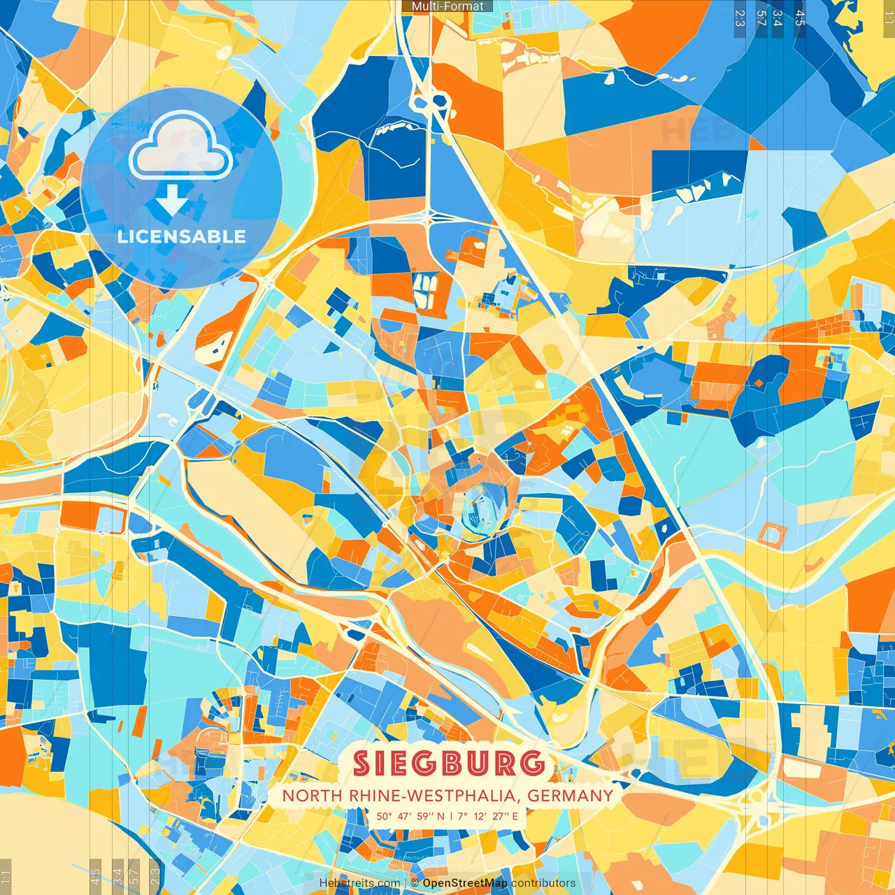 Siegburg, North Rhine-Westphalia, Germany blue and orange vector art map template