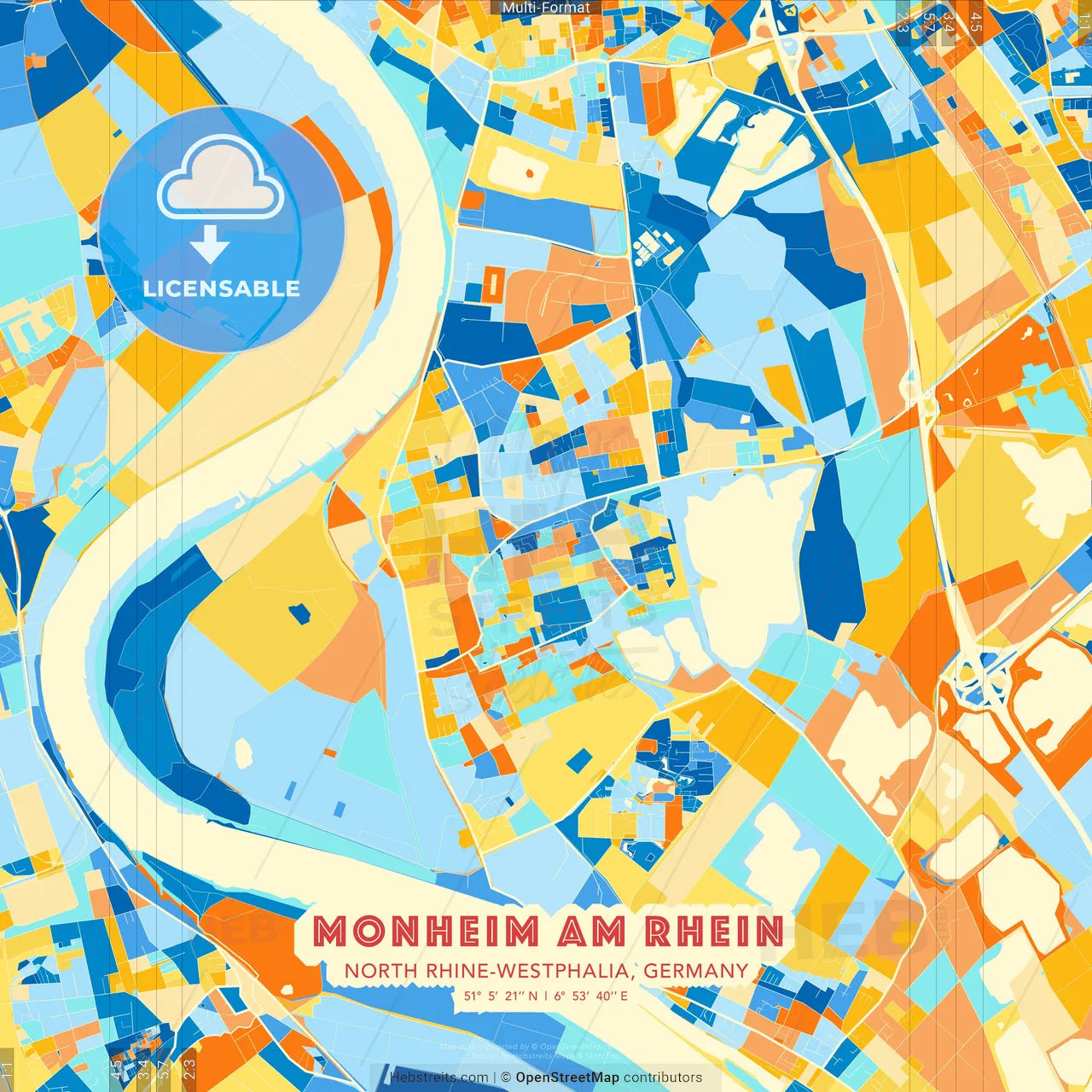 Monheim am Rhein, North Rhine-Westphalia, Germany blue and orange vector art map template