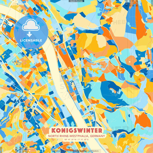 Konigswinter, North Rhine-Westphalia, Germany blue and orange vector art map template