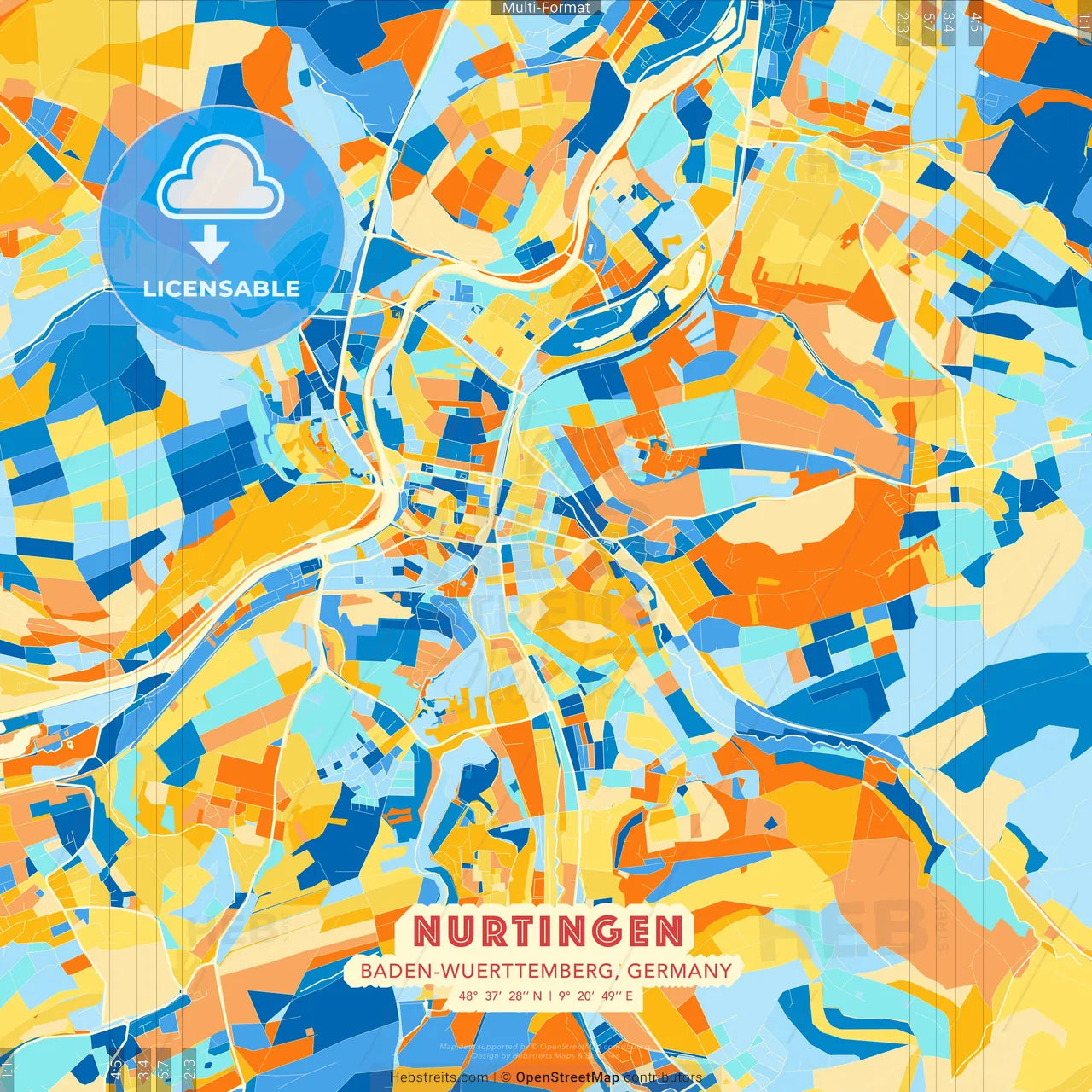 Nurtingen, Baden-Wuerttemberg, Germany blue and orange vector art map template
