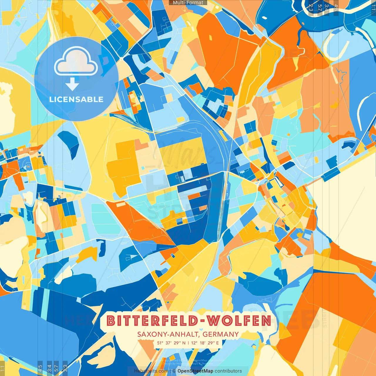 Bitterfeld-Wolfen, Saxony-Anhalt, Germany blue and orange vector art map template