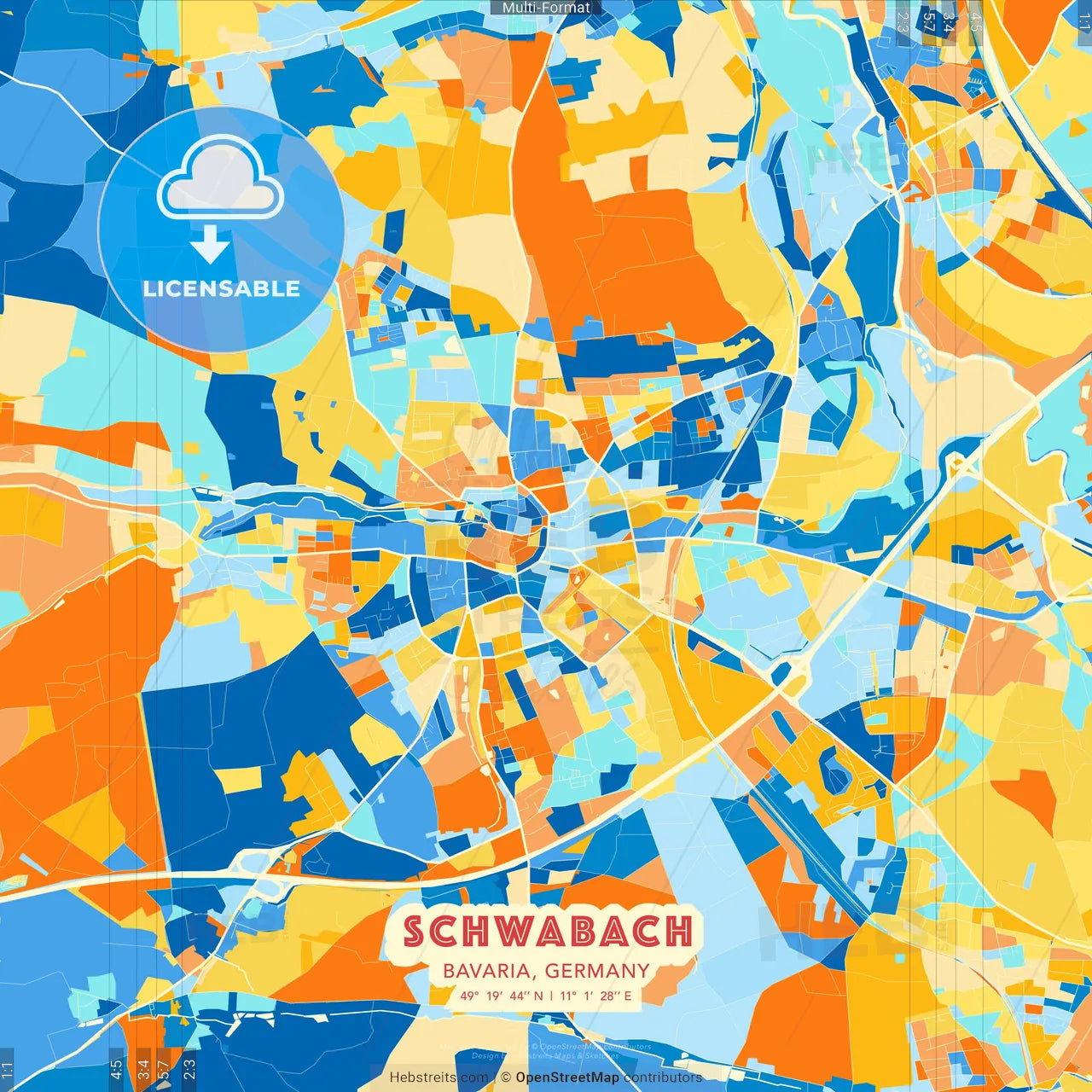 Schwabach, Bavaria, Germany blue and orange vector art map template