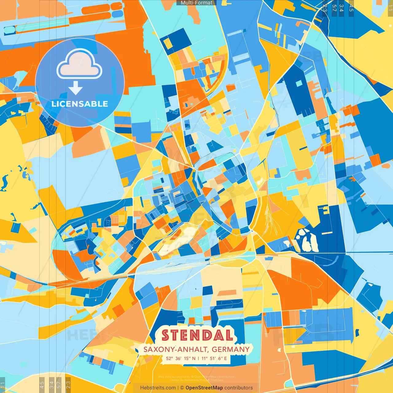 Stendal, Saxony-Anhalt, Germany blue and orange vector art map template