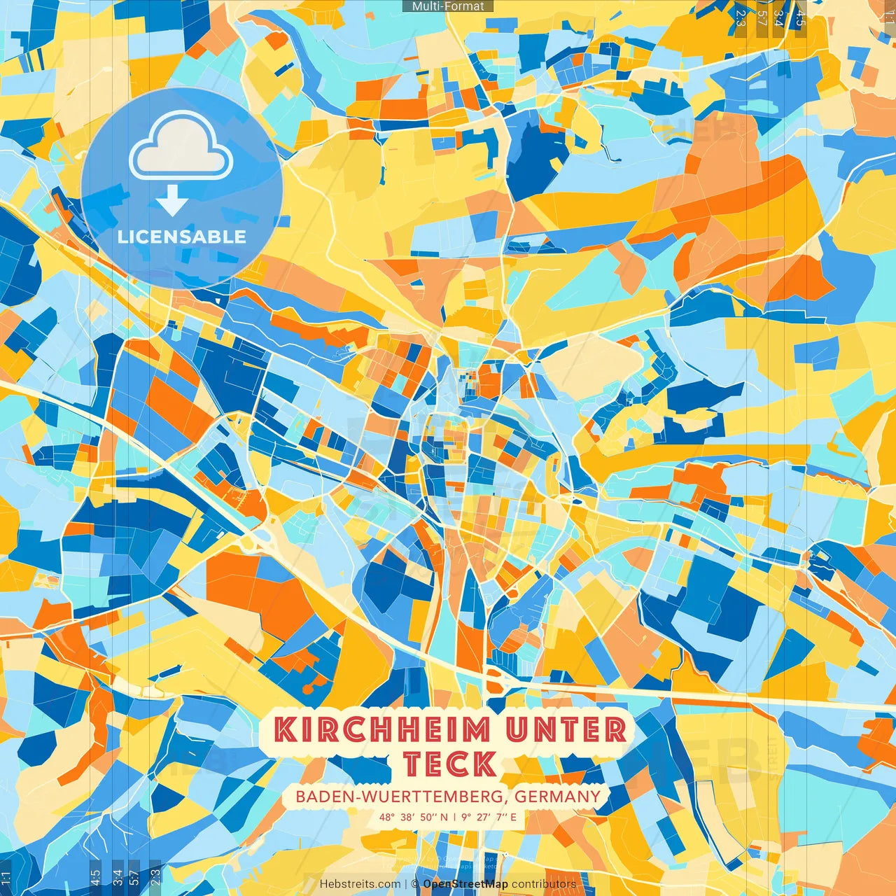 Kirchheim unter Teck, Baden-Wuerttemberg, Germany blue and orange vector art map template