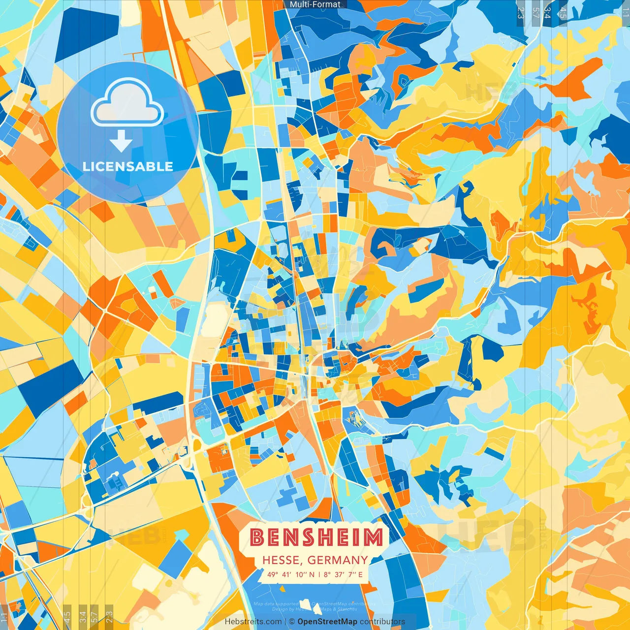 Bensheim, Hesse, Germany blue and orange vector art map template