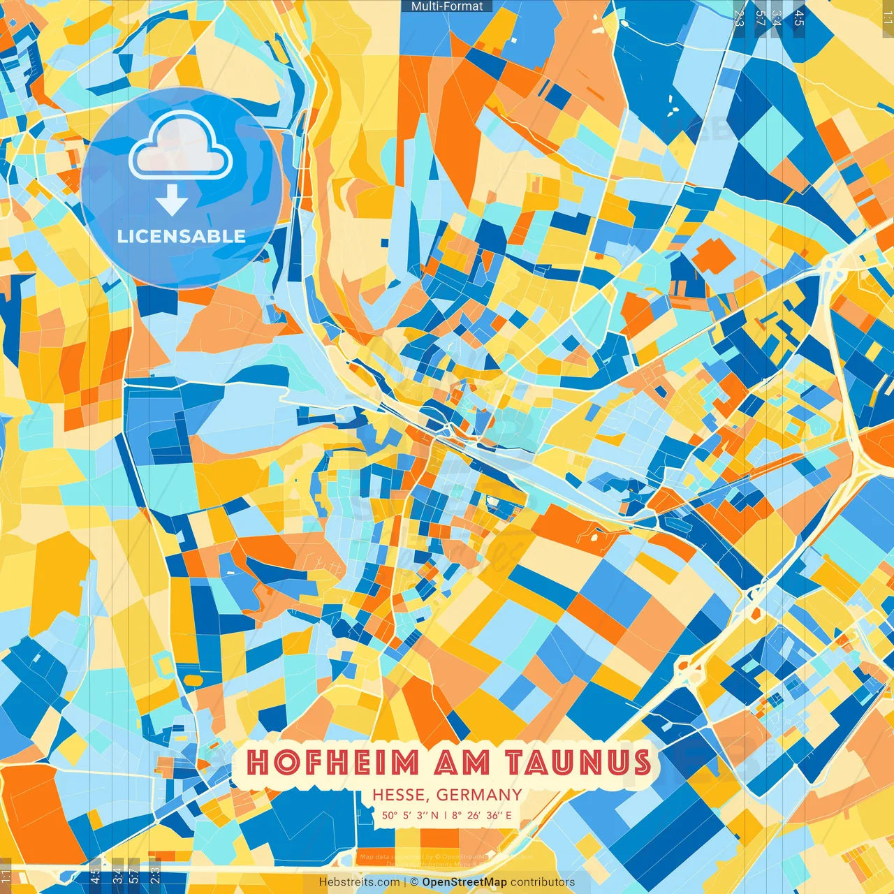 Hofheim am Taunus, Hesse, Germany blue and orange vector art map template