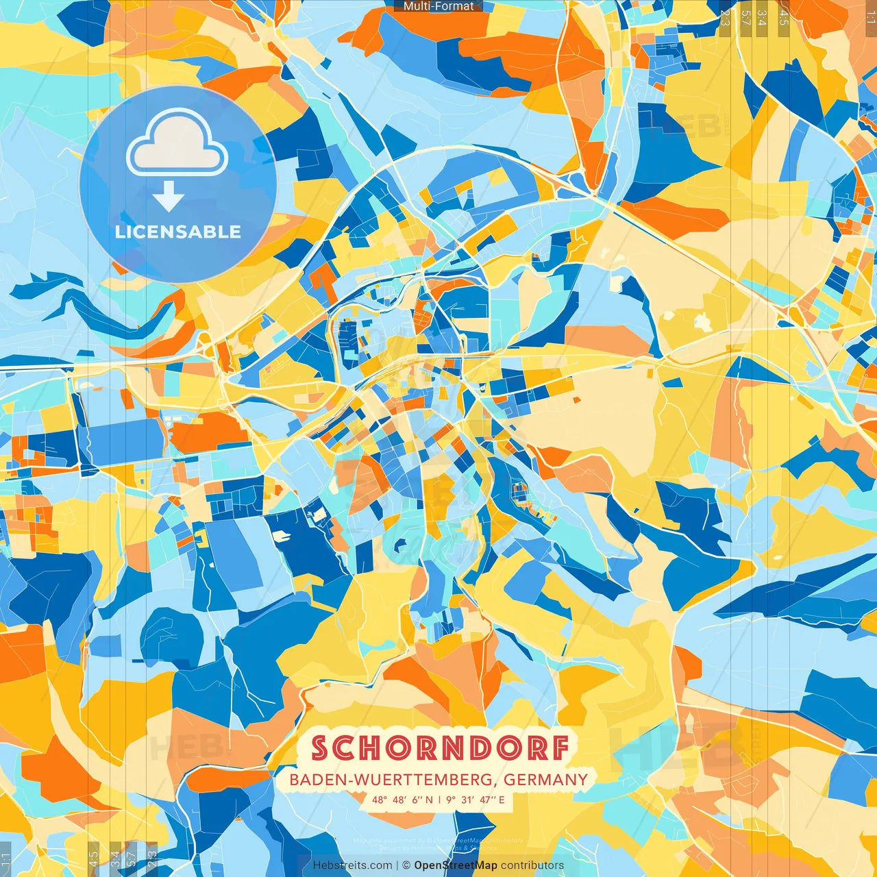 Schorndorf, Baden-Wuerttemberg, Germany blue and orange vector art map template