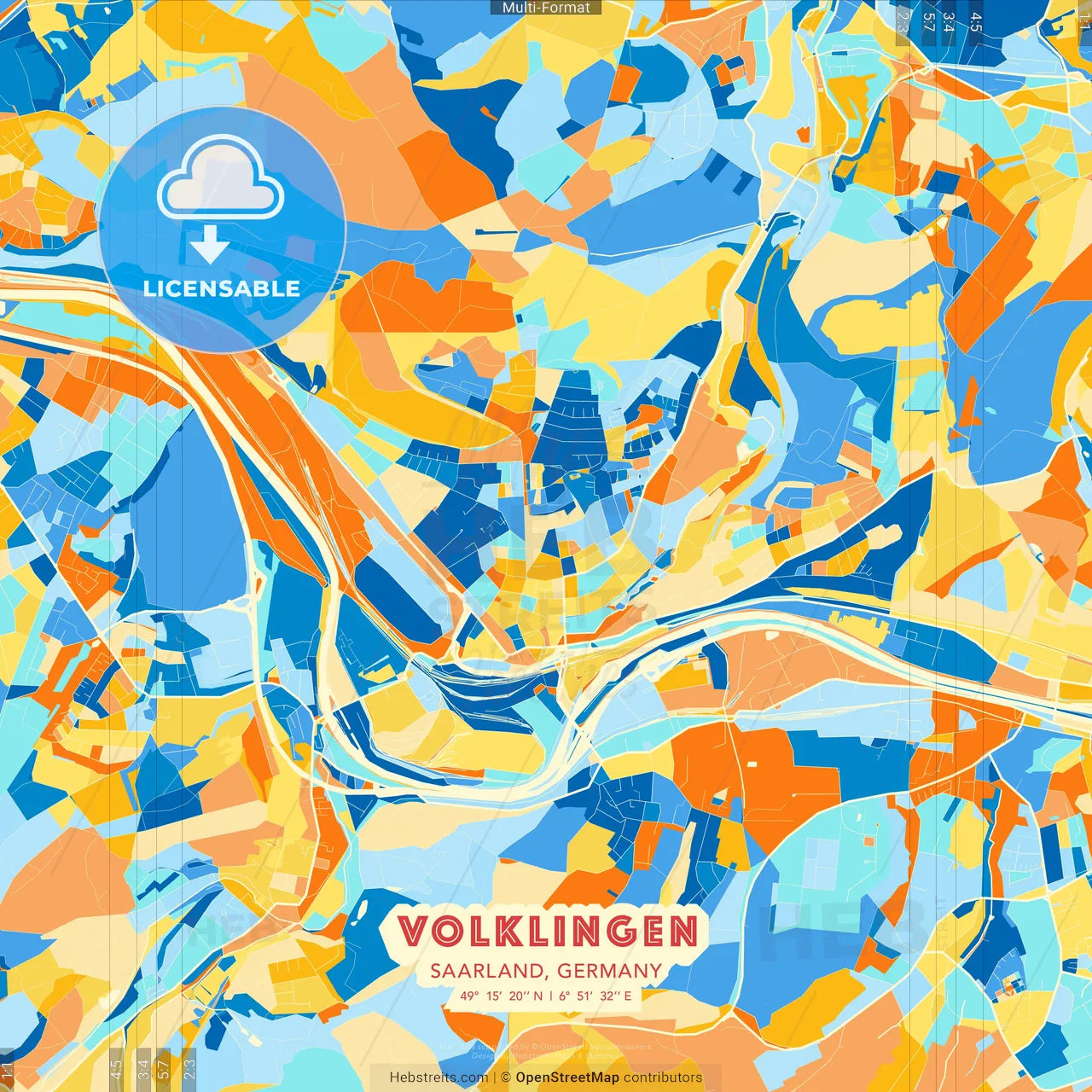 Volklingen, Saarland, Germany blue and orange vector art map template
