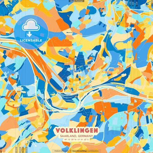 Volklingen, Saarland, Germany blue and orange vector art map template