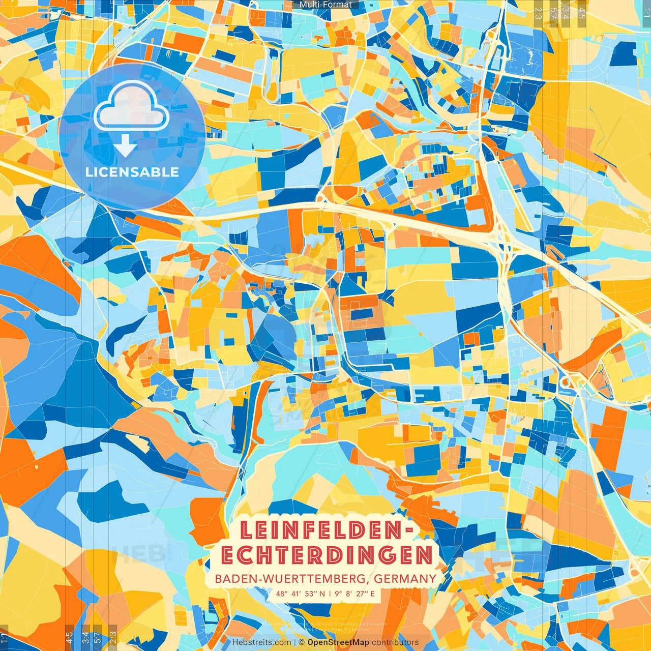 Leinfelden-Echterdingen, Baden-Wuerttemberg, Germany blue and orange vector art map template