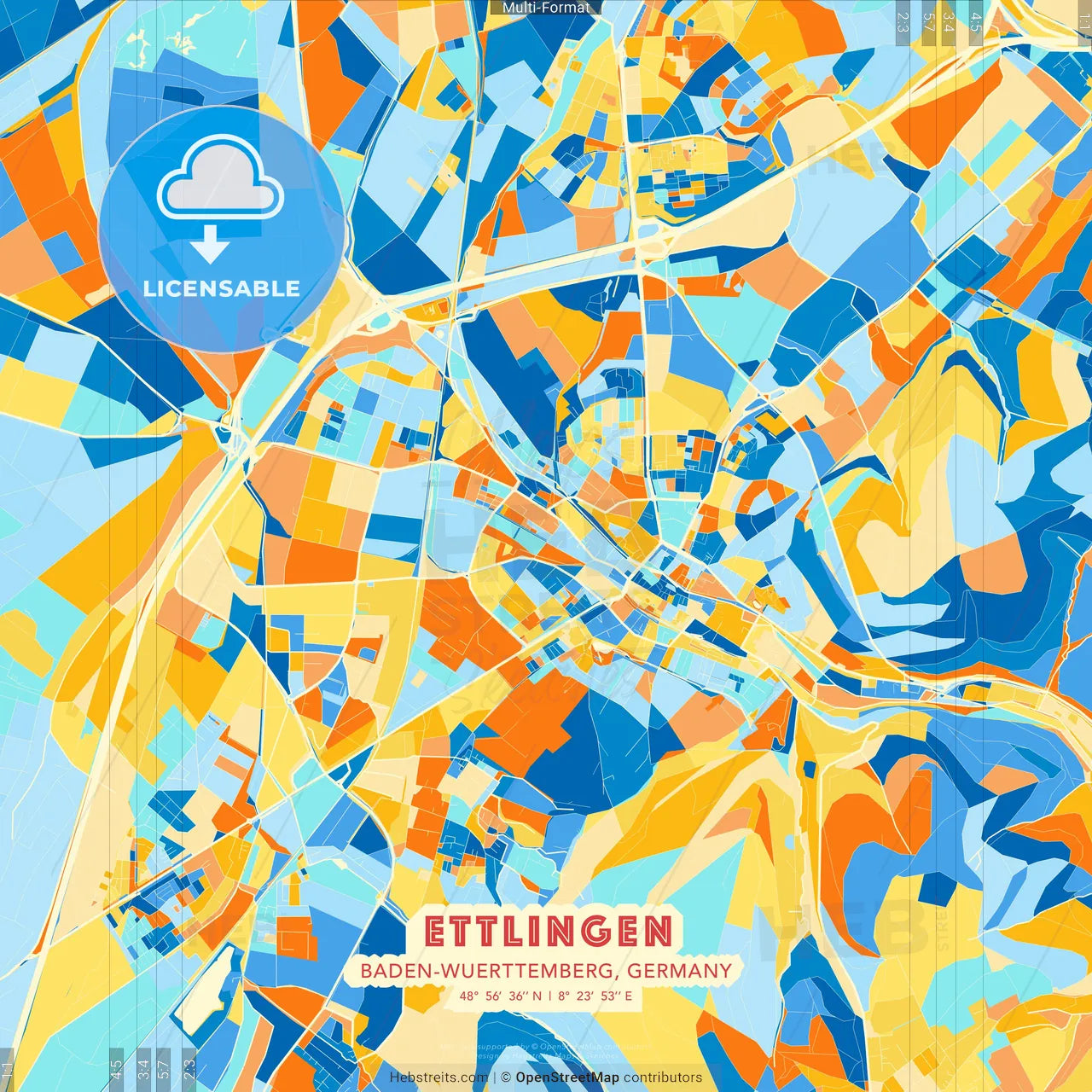 Ettlingen, Baden-Wuerttemberg, Germany blue and orange vector art map template