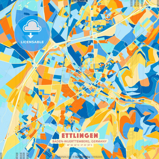 Ettlingen, Baden-Wuerttemberg, Germany blue and orange vector art map template