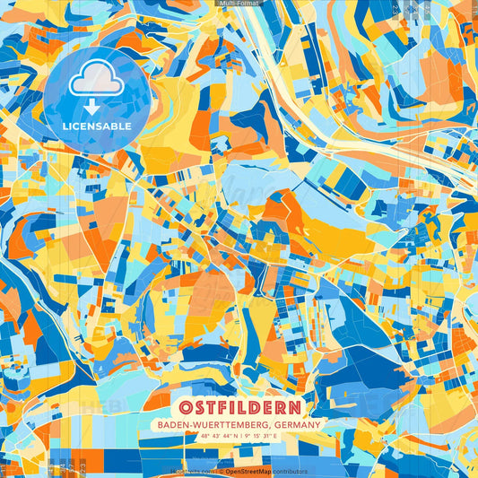 Ostfildern, Baden-Wuerttemberg, Germany blue and orange vector art map template