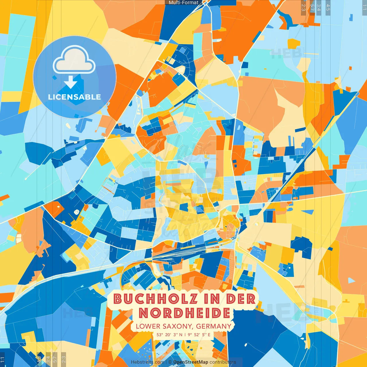 Buchholz in der Nordheide, Lower Saxony, Germany blue and orange vector art map template