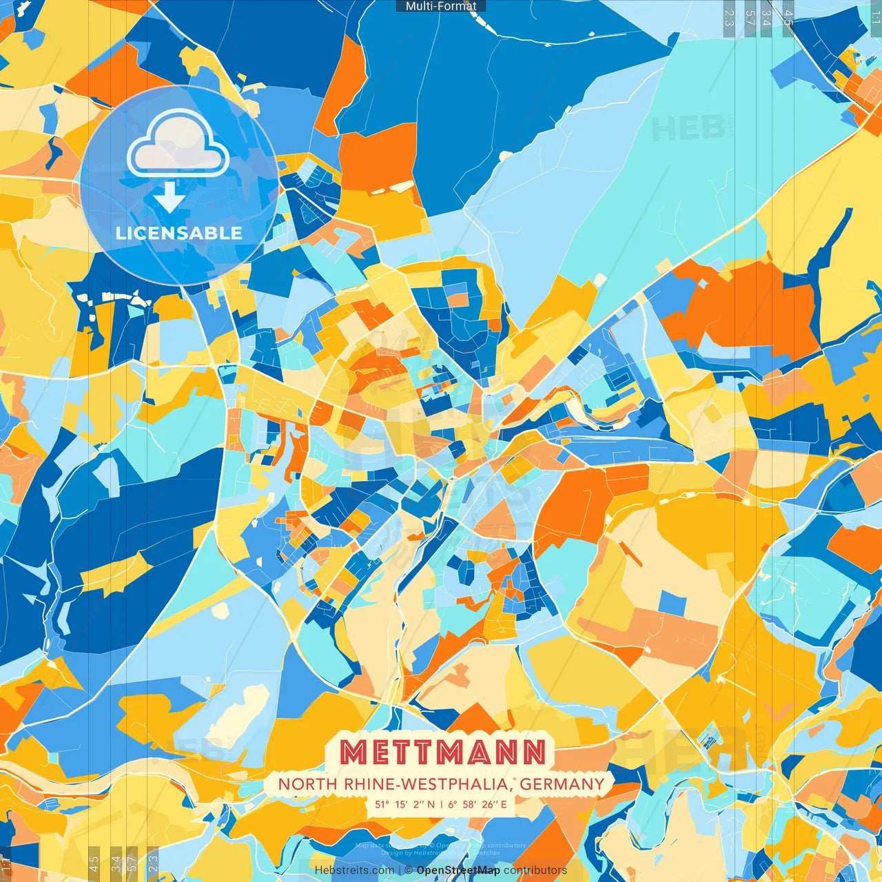 Mettmann, North Rhine-Westphalia, Germany blue and orange vector art map template