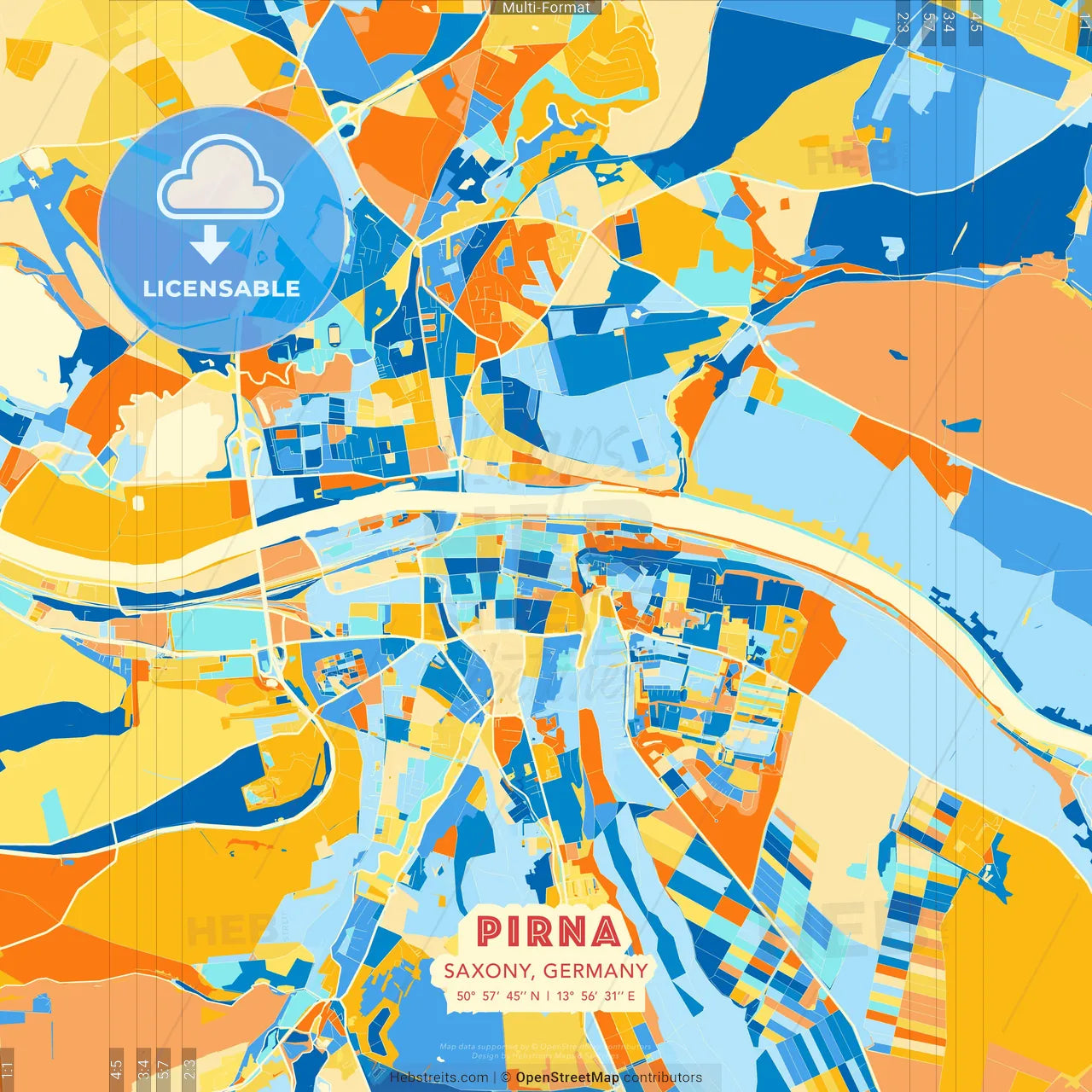 Pirna, Saxony, Germany blue and orange vector art map template