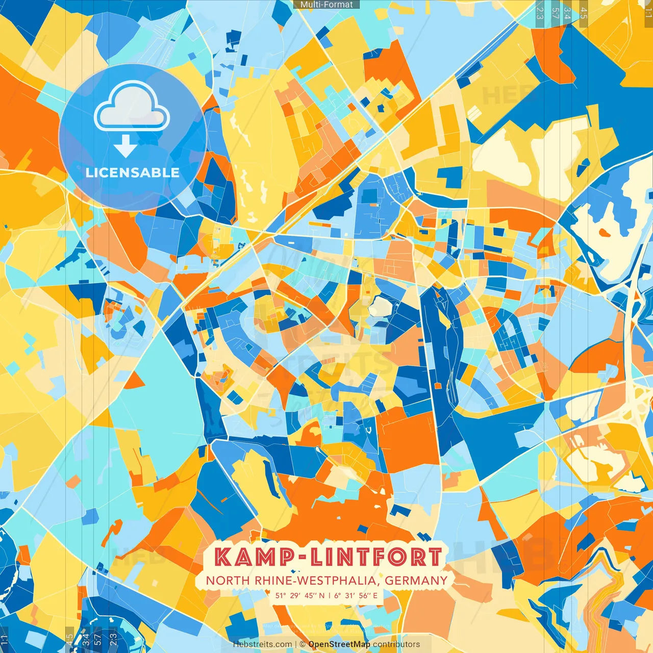 Kamp-Lintfort, North Rhine-Westphalia, Germany blue and orange vector art map template