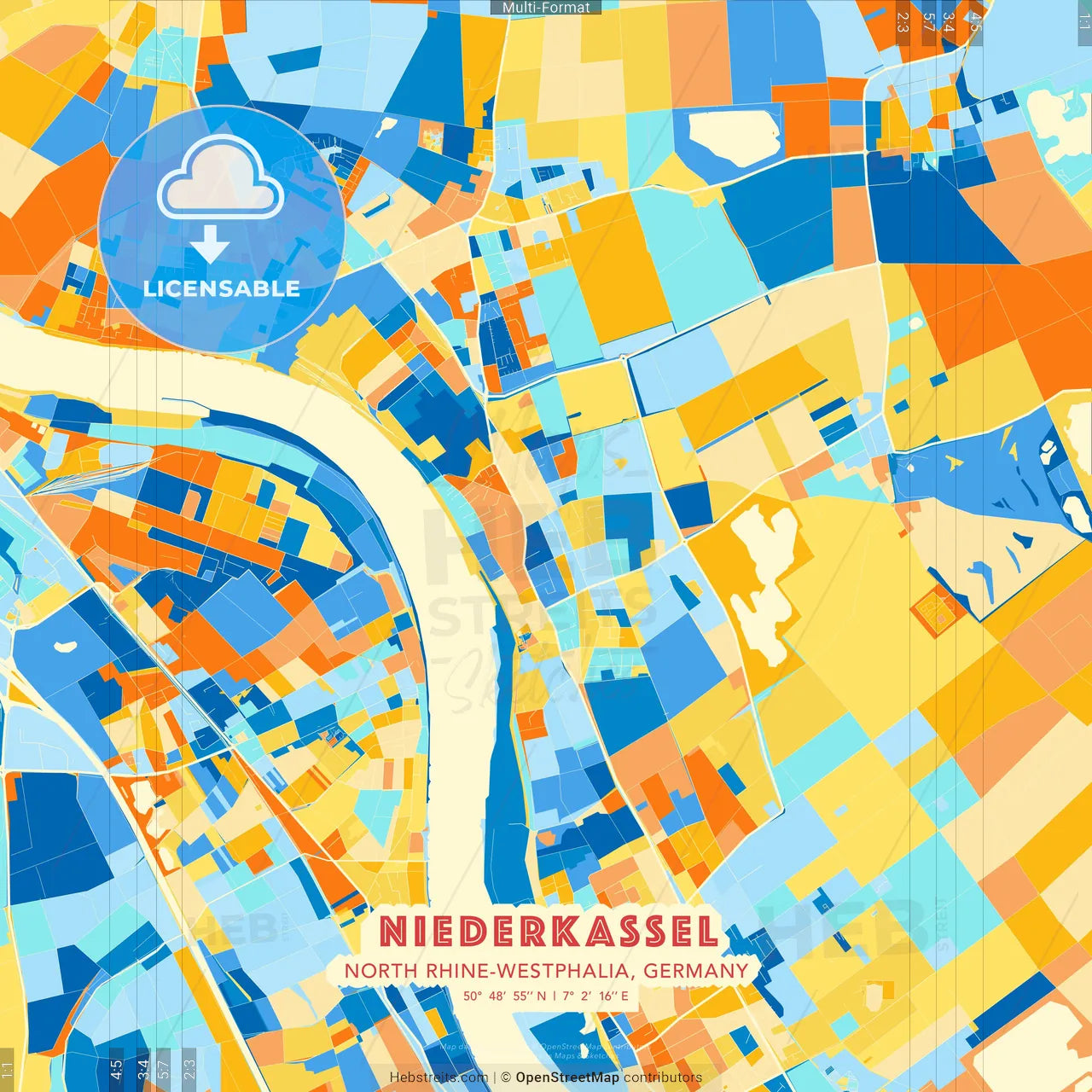 Niederkassel, North Rhine-Westphalia, Germany blue and orange vector art map template