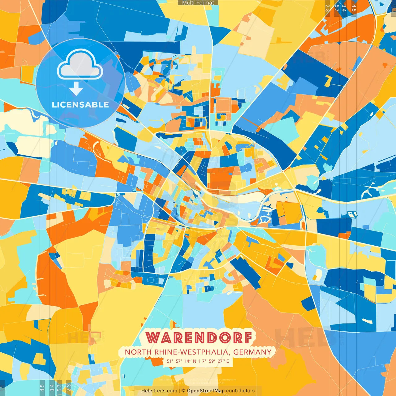 Warendorf, North Rhine-Westphalia, Germany blue and orange vector art map template