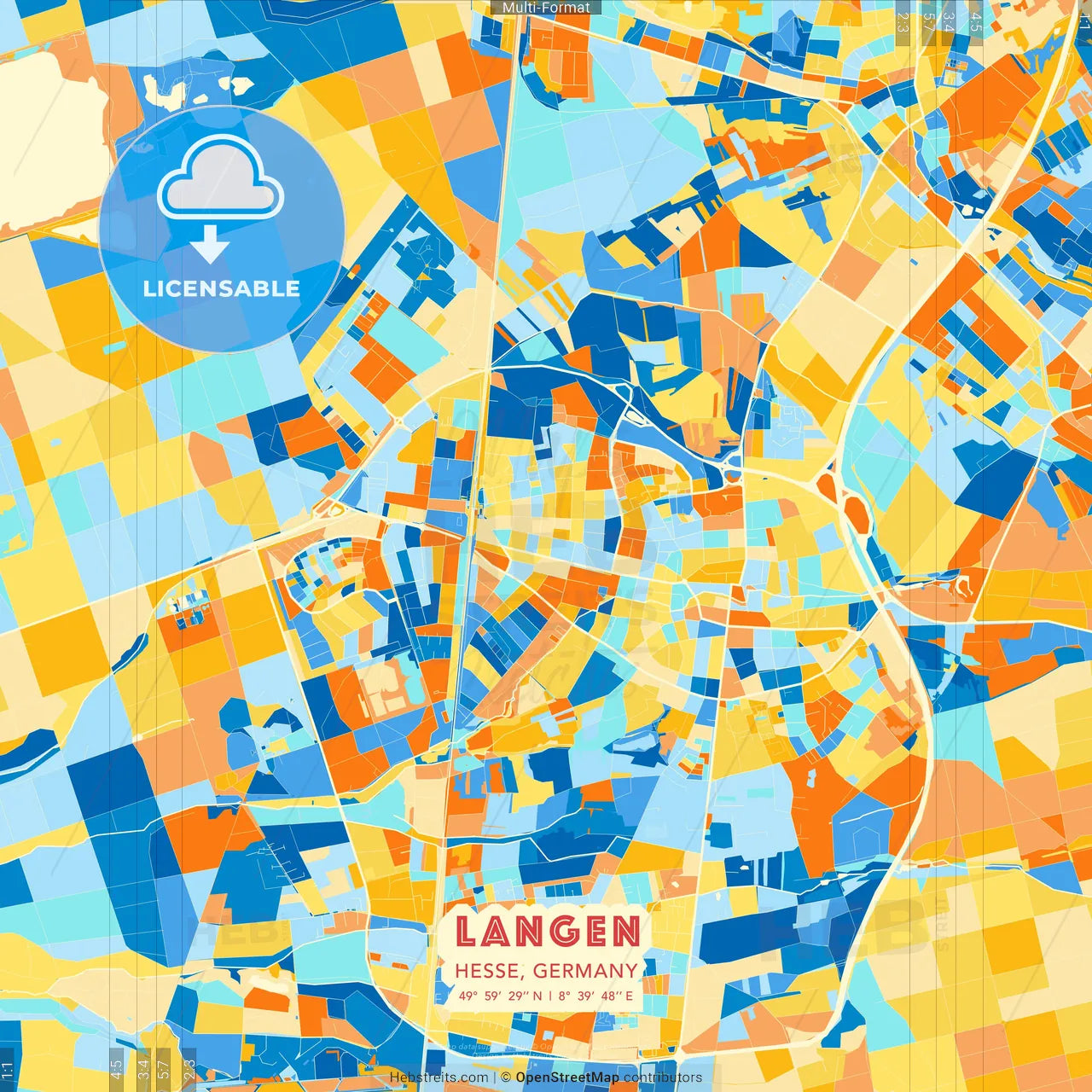Langen, Hesse, Germany blue and orange vector art map template