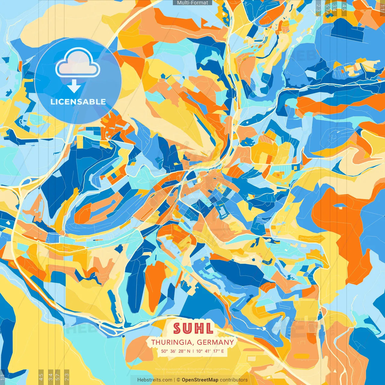 Suhl, Thuringia, Germany blue and orange vector art map template