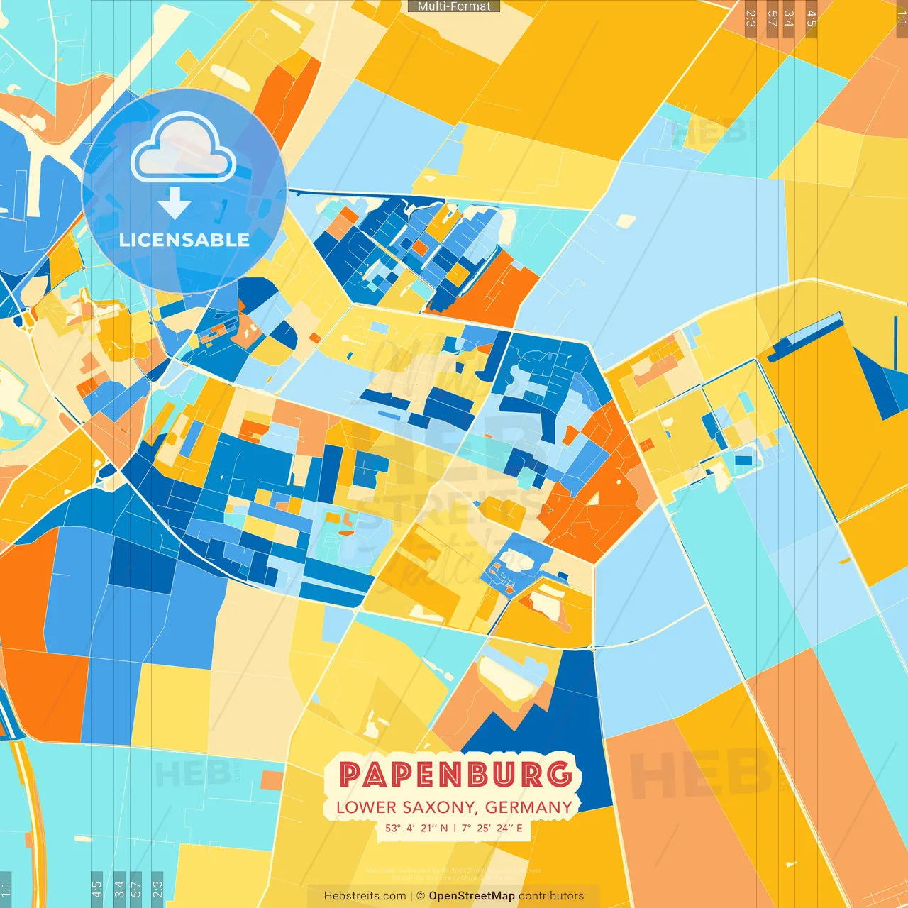 Papenburg, Lower Saxony, Germany blue and orange vector art map template